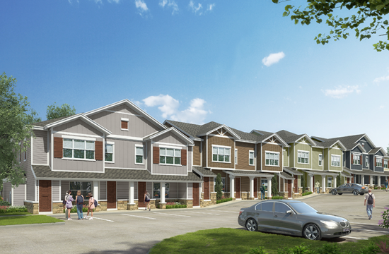 Rendering of the new housing development being built next to SUNY Oswego. The project, Lakeside Commons, will feature 84 townhouses and 320 beds within 11 buildings. Model unit will be ready mid-September. Occupancy by students will be in August 2018.
