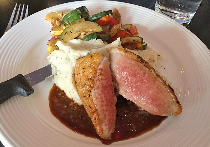 Downtown Oswego features a variety of great places to eat. Try a seared duck breast at the Bistro 197, for example.