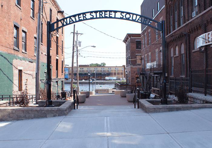 One of the longest-running projects in Oswego, the development of a pedestrian area on Water Street, was finished in mid-July. It is named Water Street Square. Photo by Alex Plate.