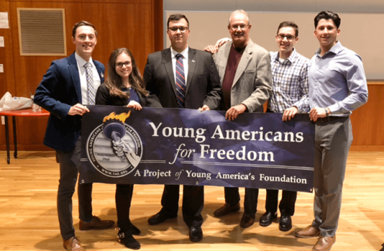 Leaders of Young Americans for Freedom on the SUNY Oswego campus. Tyler Toomey, first on the left, a junior business major, founded the organization in the spring of 2018. He was invited to the White House by President Donald Trump in March to witness the signing of an executive order protecting free speech on college campuses.