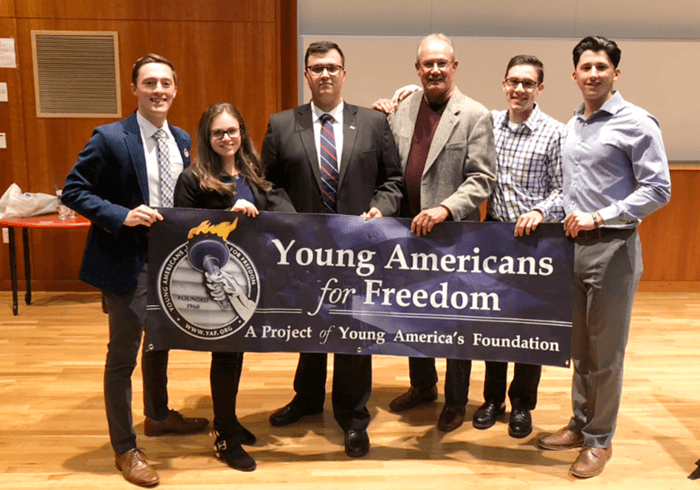 Leaders of Young Americans for Freedom on the SUNY Oswego campus. Tyler Toomey, first on the left, a junior business major, founded the organization in the spring of 2018. He was invited to the White House by President Donald Trump in March to witness the signing of an executive order protecting free speech on college campuses.