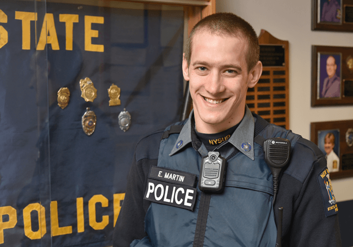 This past February, University Police at SUNY Oswego issued cameras worn center-of-chest to 17 members of the department’s Patrol Division — such as Officer Eric Martin (pictured) — following training over the winter break. The devices record law enforcement officers’ encounters with citizens, for their mutual benefit.