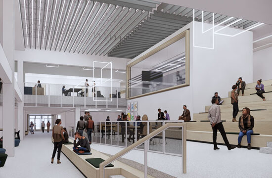The first floor of the Hewitt Union will have a high open area with classrooms, faculty offices, a skylight and a prominent television studio suite that includes a newsroom and control room to showcase the college’s historic strength in broadcasting.
